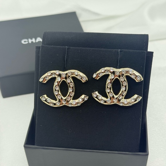 CHANEL Jewelry - CHANEL Large Gold CC Crystal Accent Statement Earrings